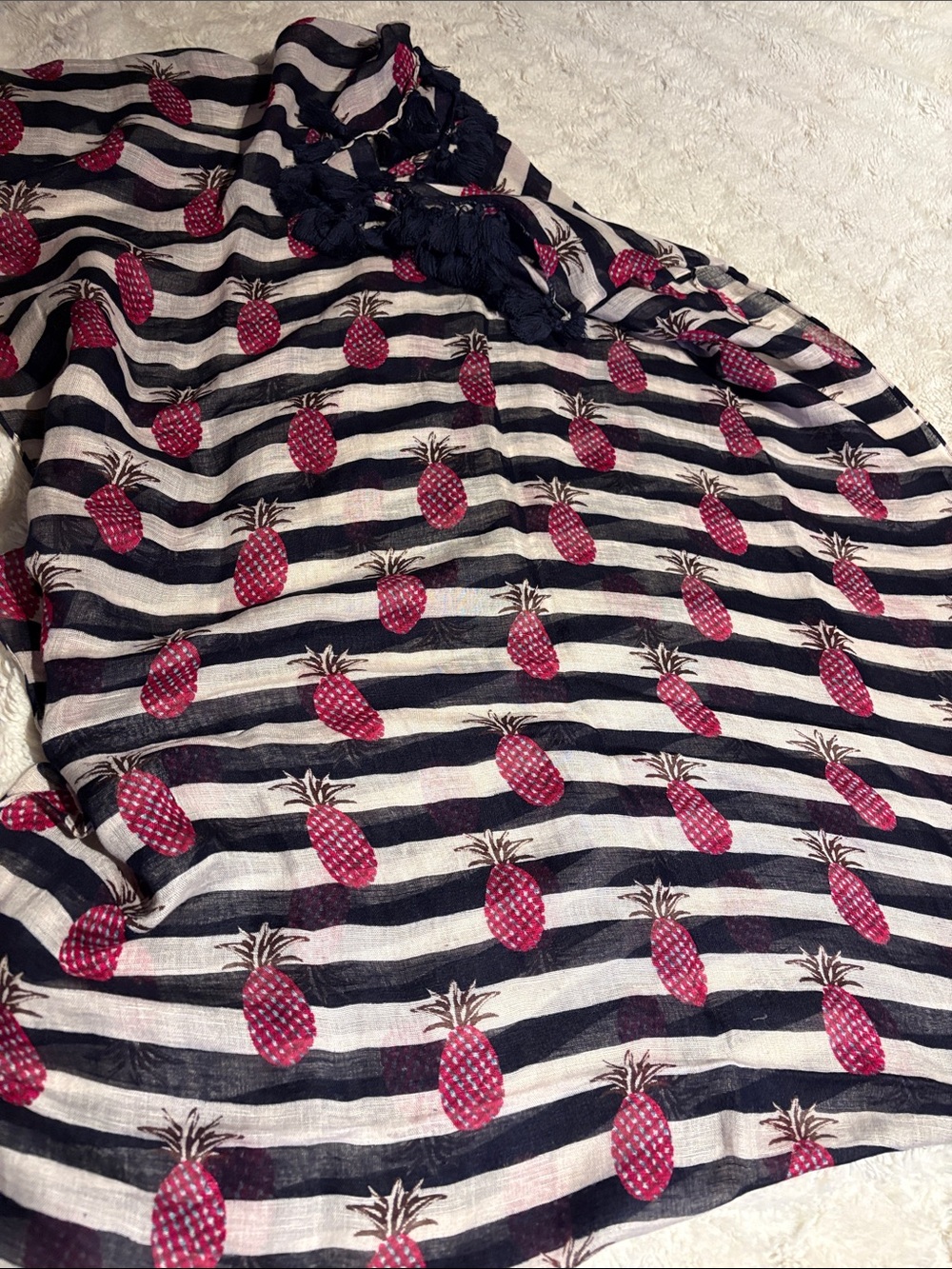 Tory Burch Navy & White Striped Scarf with Pink Pineapple Print